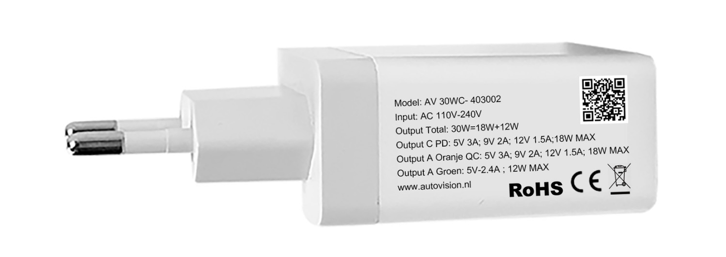 AV Fast Charger 2 x USB A en 1x USB C